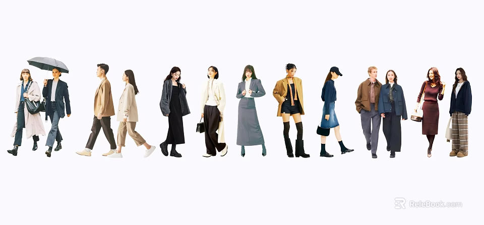 Group of People Walking in Stylish Outfits with Various Clothing Styles 3d model 