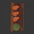 Fresh Salmon Sushi on Wooden Serving Board with Green Soy Sauce Dish and Chopsticks