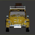Yellow Vintage Volkswagen Beetle With Roof Rack And Brown Suitcase On Reflective Surface