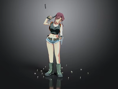 Red haired child wearing black vest denim shorts holding toy knife gun near blocks 3d model