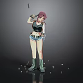 Red haired child wearing black vest denim shorts holding toy knife gun near blocks
