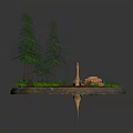 Dinosaur Standing On Circular Platform With Tall Trees Small Pond Green Plants And Red Rock