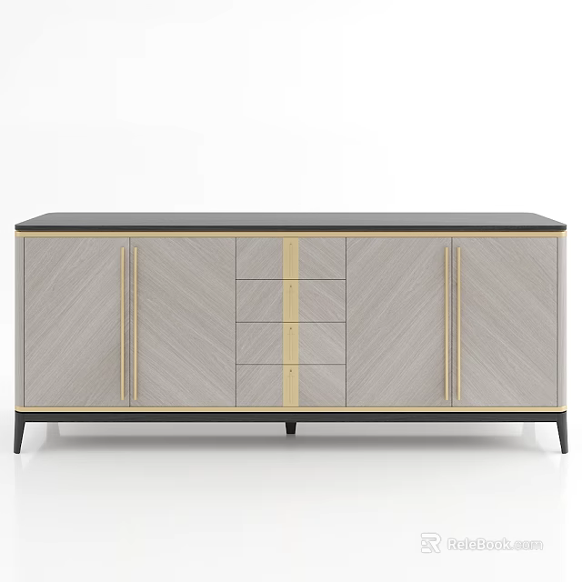 Modern TV Stand With Light Gray Panels Gold Trim And Drawer Storage Design 3d model 