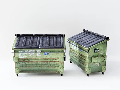 Green Rustic Lidded Waste Bins As Outdoor Public Facilities With Wheels 3d model