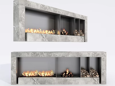Modern Marble Fireplace Interior Design With Burning Flames And Wood Logs 3d model