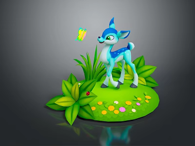 3D Cartoon Fawn Standing On Green Grass With Butterfly And Colorful Flowers 3d model