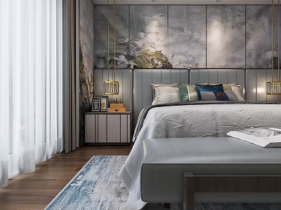 Elegant Double Bed With Gray Paneled Wall Artwork Gold Table Lamps And Upholstered Bench 3d model