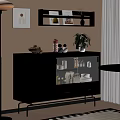 Brown Cabinet With Louvered Glass Doors Decorative Items And Potted Plant
