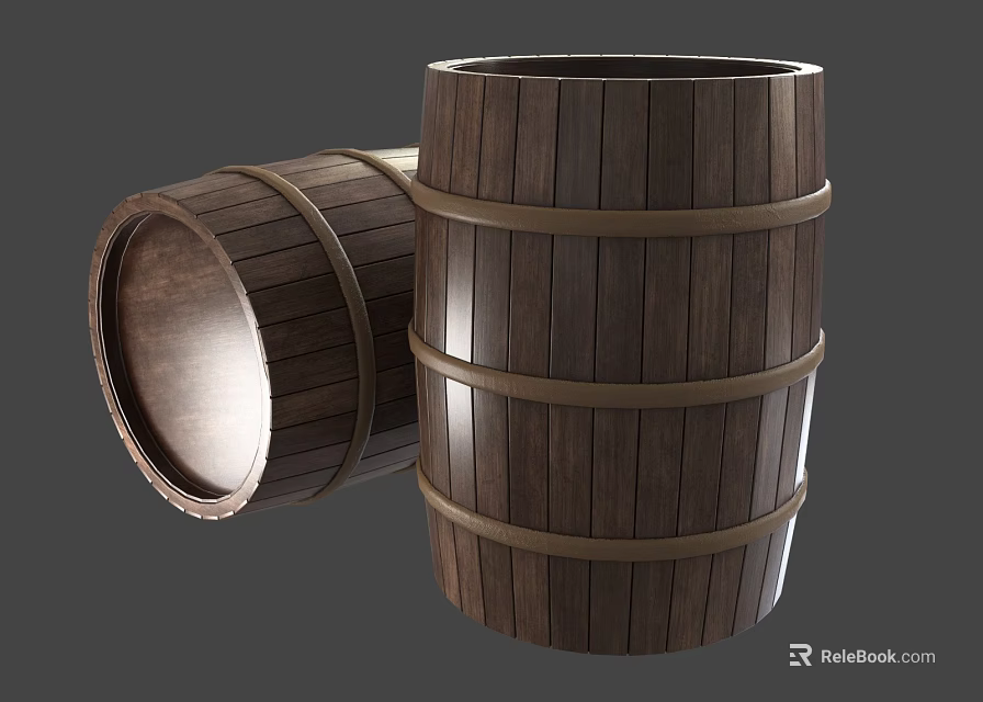 Two Rustic Wooden Barrels With Metal Hoops Standing And Tilted Design 3d model 