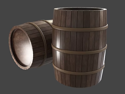 Two Rustic Wooden Barrels With Metal Hoops Standing And Tilted Design 3d model