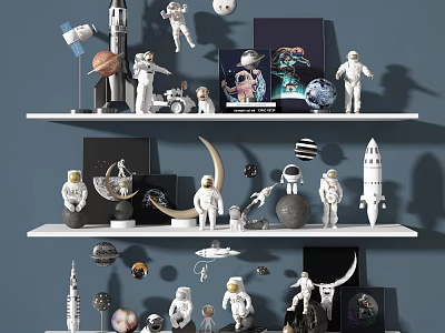 Space Themed Ornament Combination With Astronaut Figures Rocket Models And Planet Decorations On Shelves 3d model
