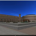 Modern Red Brick School Campus Building With Round Auditorium And Student Plaza For Outdoor Activities