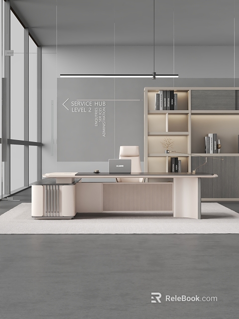Modern Office Desk With Bookshelf Books Decor Office Chair Large Windows In Bright Workspace 3d model 