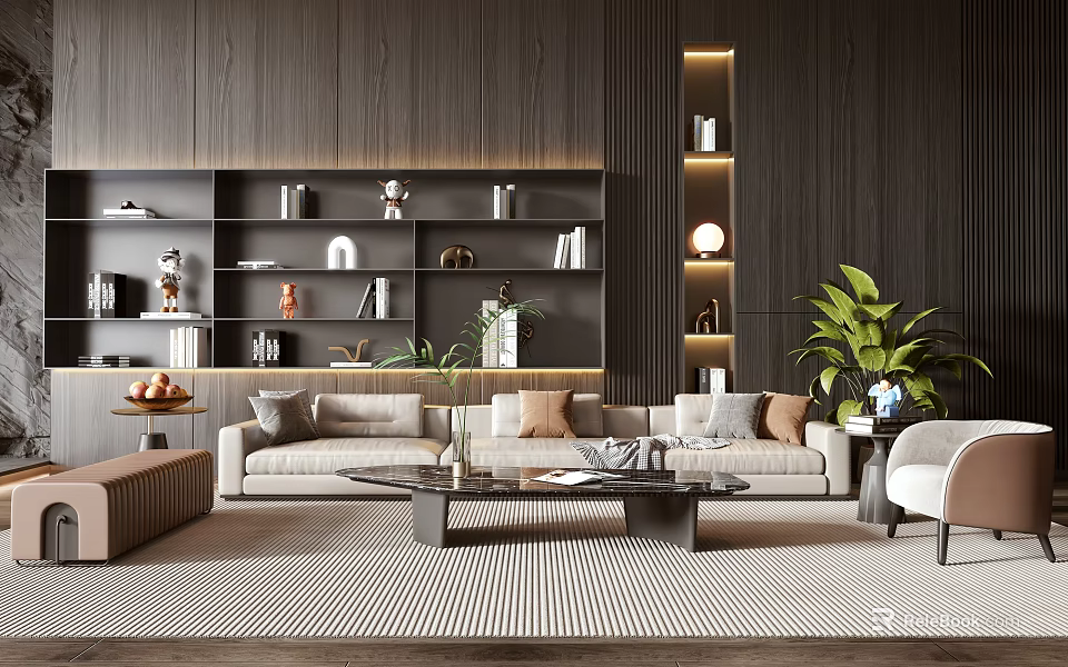 Modern Sofa Coffee Table Set Living Room With Wooden Wall Bookshelf Green Plant Striped Rug 3d model 
