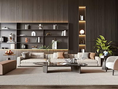 Modern Sofa Coffee Table Set Living Room With Wooden Wall Bookshelf Green Plant Striped Rug 3d model