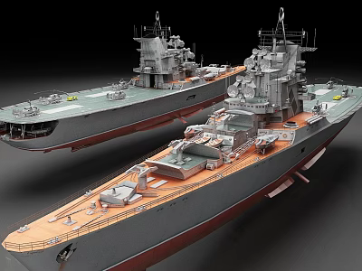 Detailed Military Warship Scale Models With Gray Hull And Orange Deck Turrets 3d model