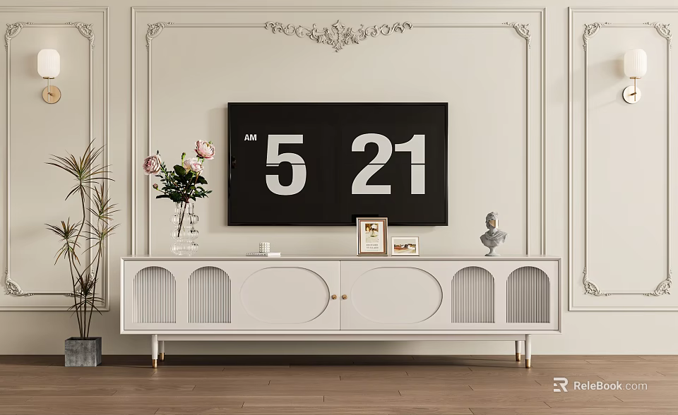 Elegant White TV Stand With Decorative Vase Plants And Wall Molding Design 3d model 