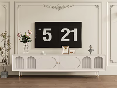 Elegant White TV Stand With Decorative Vase Plants And Wall Molding Design 3d model