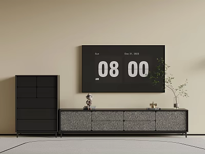 Modern TV Stand In Living Room With Wall Mounted TV Decorative Items And Potted Plant 3d model