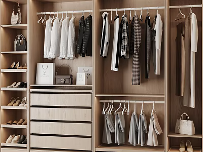 Spacious Modern Wooden Wardrobe With Multiple Storage Zones For Organized Clothes Shoes And Bags 3d model