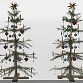 Traditional Christmas Trees Decorated With Star Tops Colored Balls Heart Ornaments Candles And Wooden Bases