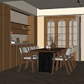 Modern Wooden Dining Room With Table White Chairs Arched Windows And Decorative Shelves
