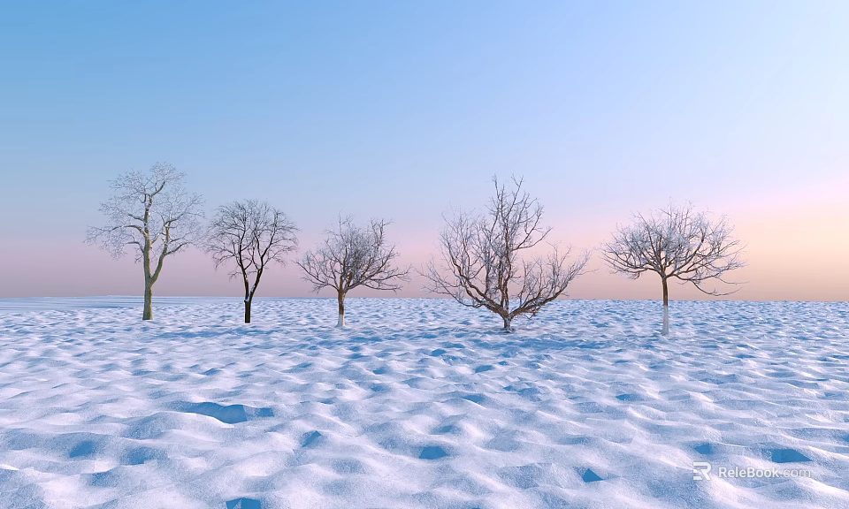 Plant Combination of Five Leafless Trees in Snowy Field with Blue Sky and Pink Sunset 3d model 