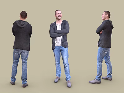 Man in Grey Hoodie White T-shirt Blue Jeans and Grey Shoes in Different Poses 3d model