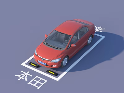 Red Honda Sedan Parked in Marked Parking Space With Yellow Assist Devices 3d model