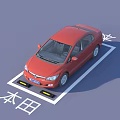 Red Honda Sedan Parked in Marked Parking Space With Yellow Assist Devices