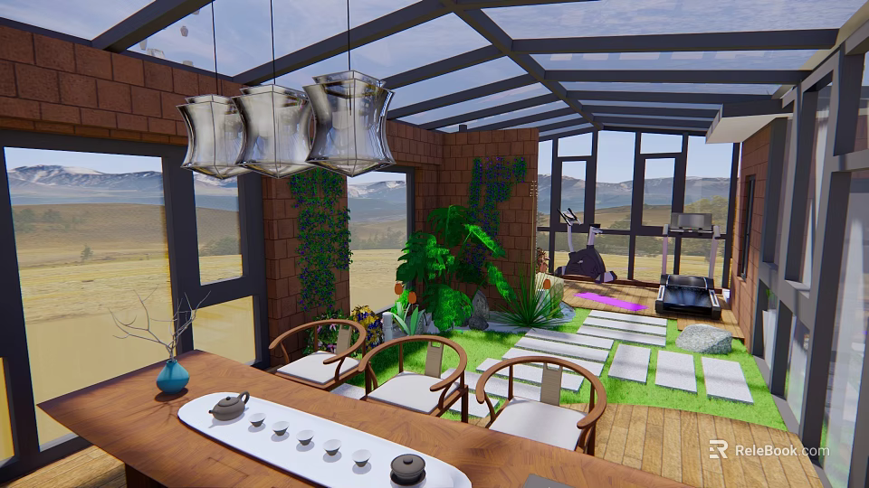 Villa Balcony with Glass Roof Pendant Lights Brick Wall Green Plants Outdoor Seating Mountain View 3d model 