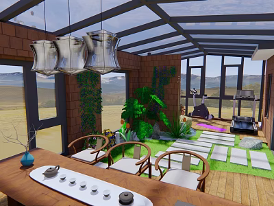 Villa Balcony with Glass Roof Pendant Lights Brick Wall Green Plants Outdoor Seating Mountain View 3d model