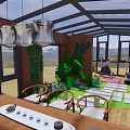Villa Balcony with Glass Roof Pendant Lights Brick Wall Green Plants Outdoor Seating Mountain View