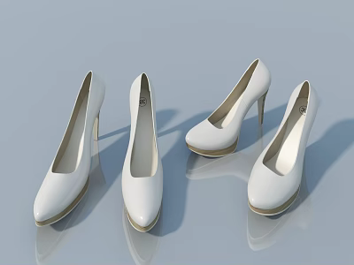 Four Pairs Of White High Heels With Smooth Surface And Light Soles On Light Blue Background With Reflection 3d model