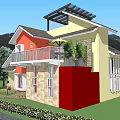Detached Villa With Orange Yellow Exterior Garage White Car Brick Driveway And Green Lawn