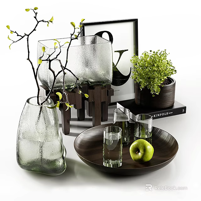 Stylish Decorative Ornament Set With Glass Vase Branches Green Plant Wooden Tray Cups And Apple 3d model 