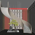 Spiral Staircase in Modern Interior with Glass Walls Tile Floor and Pendant Lights