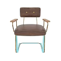 Brown Leather Leisure Chair With Gold Button Accent Wooden Armrests And Metal Legs