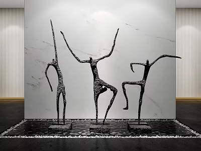 Three Abstract Metal Dancing Figure Sculptures On Marble Wall With Water Pool And Pebbles 3d model