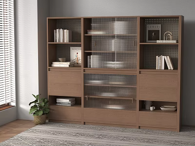 Wooden Bookcase With Multiple Shelves Grid Doors Books Decorations In Room With Window And Plant 3d model