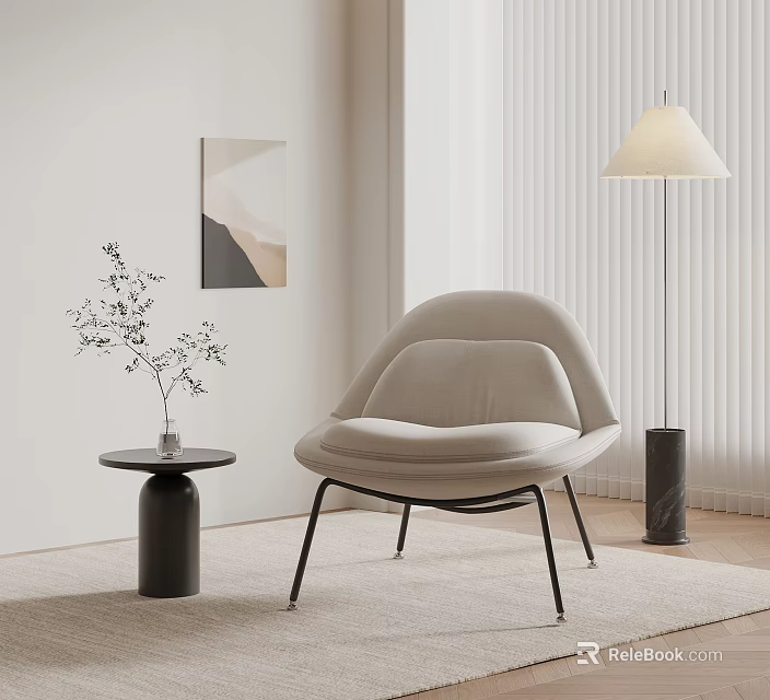 Modern Beige Accent Chair With Black Metal Legs Small Round Table And Floor Lamp 3d model 