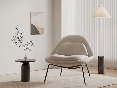 Modern Beige Accent Chair With Black Metal Legs Small Round Table And Floor Lamp 3d model