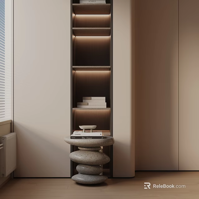 Modern Stacked Stone Side Table With LED Lighting Shelving And Decor Items 3d model 
