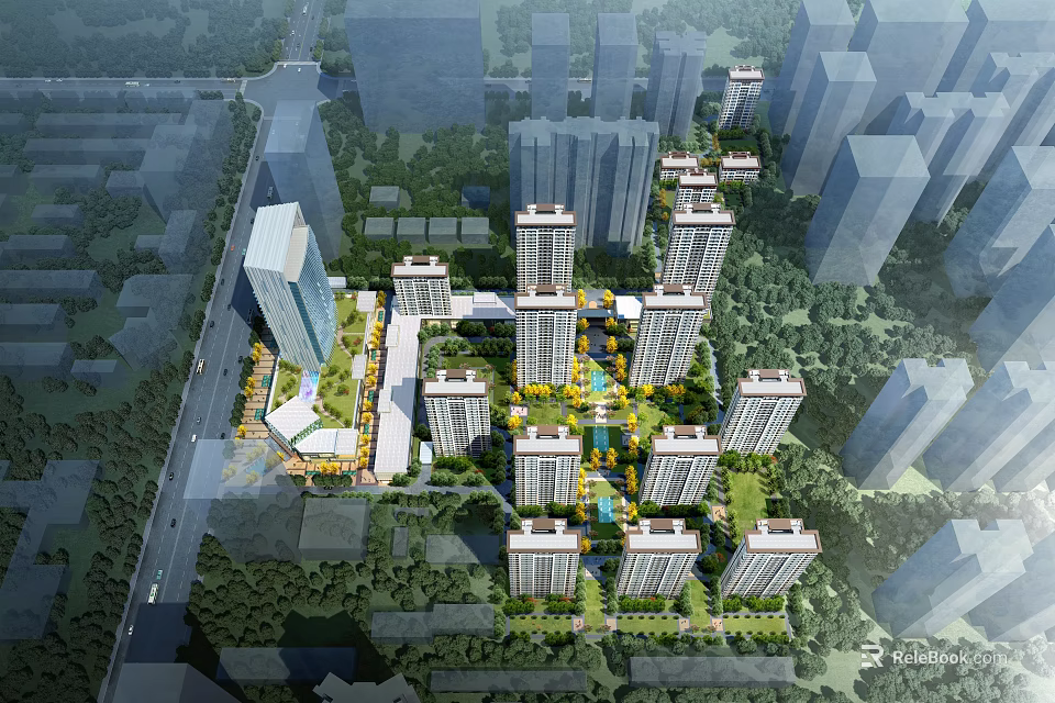 Aerial View Master Plan of Modern Residential Community with High Rise Buildings and Green Spaces 3d model 