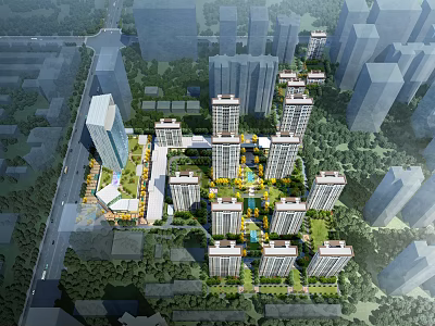 Aerial View Master Plan of Modern Residential Community with High Rise Buildings and Green Spaces 3d model