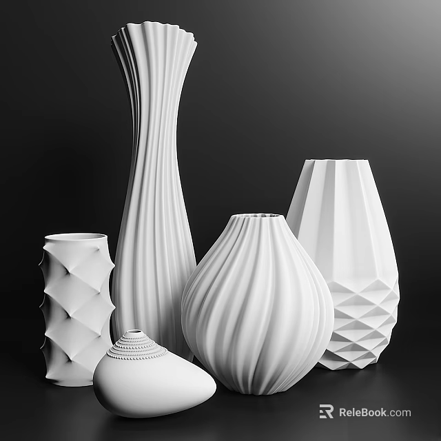 White Modern Decorative Ornament Set with Various Textured Vases for Home Interior 3d model 
