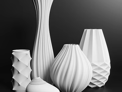 White Modern Decorative Ornament Set with Various Textured Vases for Home Interior 3d model