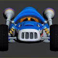 Blue Go Kart With Orange Seats Large Red Rim Tires And Silver Exhaust Pipes