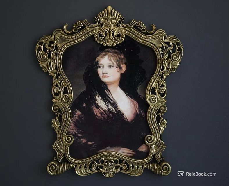 Classical Portrait Painting With Ornate Gold Frame And Dark Background Female Figure 3d model 