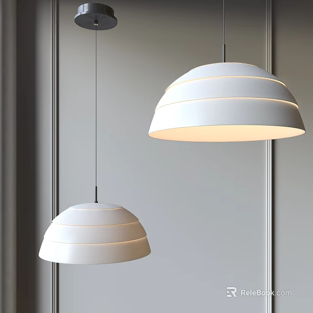 Modern White Pendant Lights With Layered Dome Design Illuminated In Interior Space 3d model 